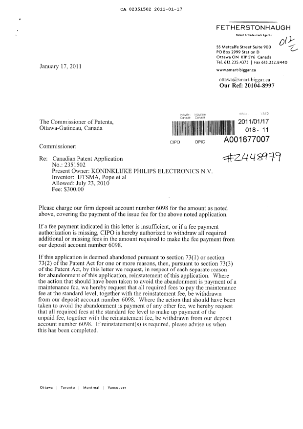 Document de brevet canadien 2351502. Correspondance 20110117. Image 1 de 2