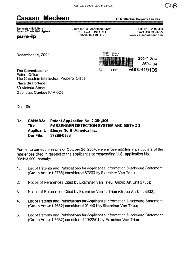 Document de brevet canadien 2351806. Poursuite-Amendment 20041214. Image 1 de 2