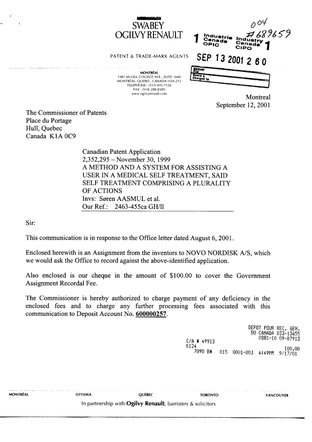 Document de brevet canadien 2352295. Cession 20010913. Image 1 de 3