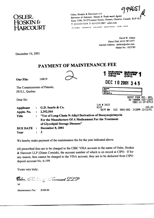Canadian Patent Document 2352544. Fees 20011210. Image 1 of 1
