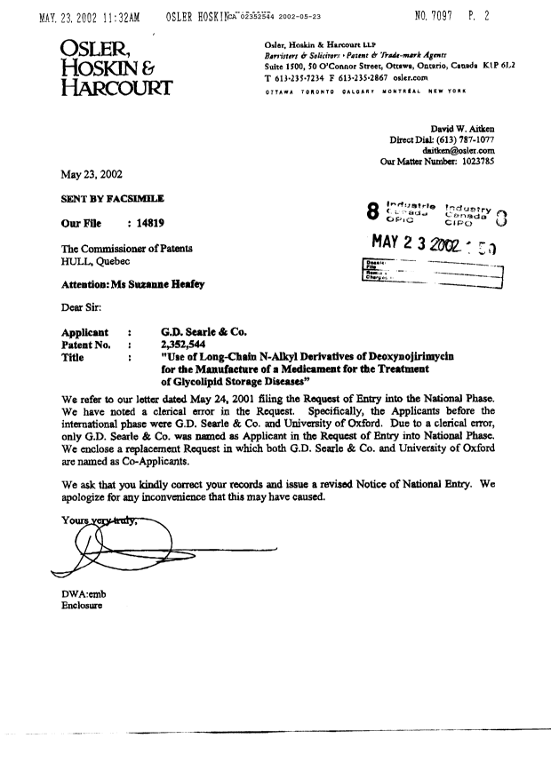 Canadian Patent Document 2352544. Correspondence 20020523. Image 1 of 3