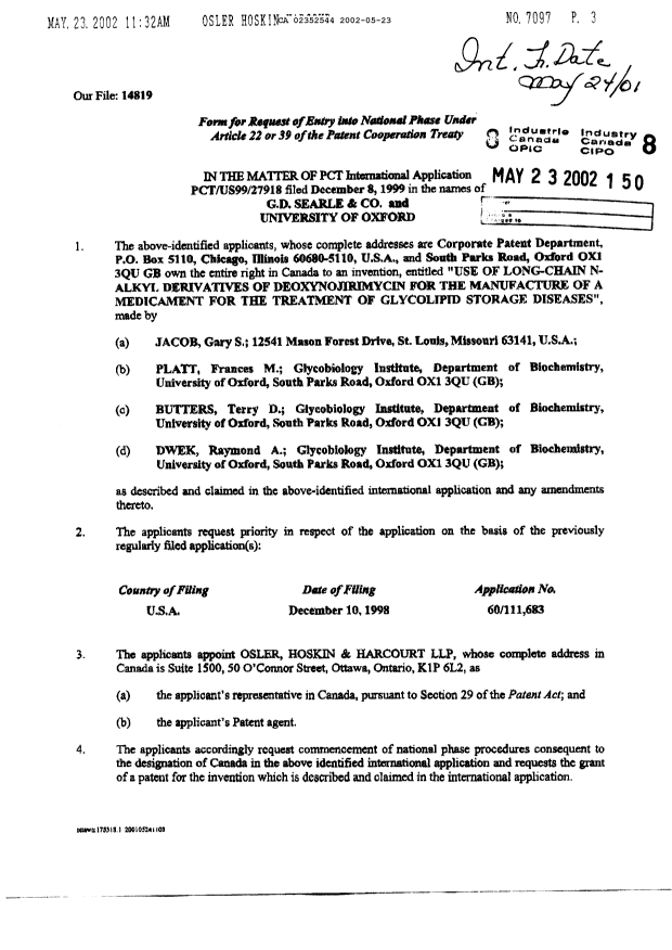Canadian Patent Document 2352544. Correspondence 20020523. Image 2 of 3
