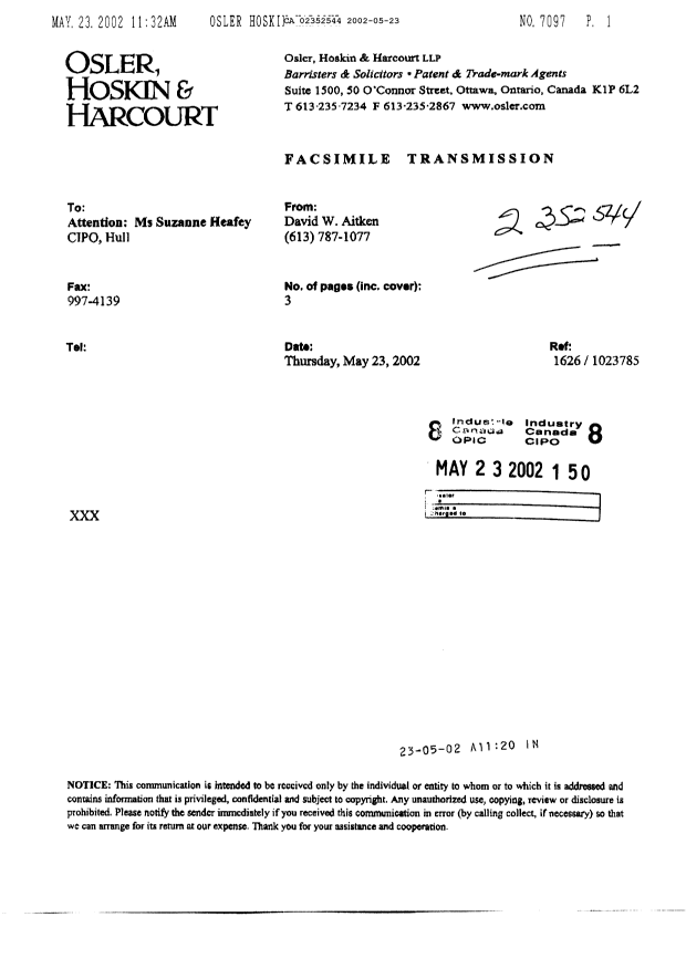 Canadian Patent Document 2352544. Correspondence 20020523. Image 3 of 3