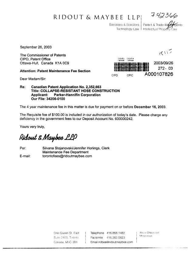 Canadian Patent Document 2352663. Fees 20030926. Image 1 of 1