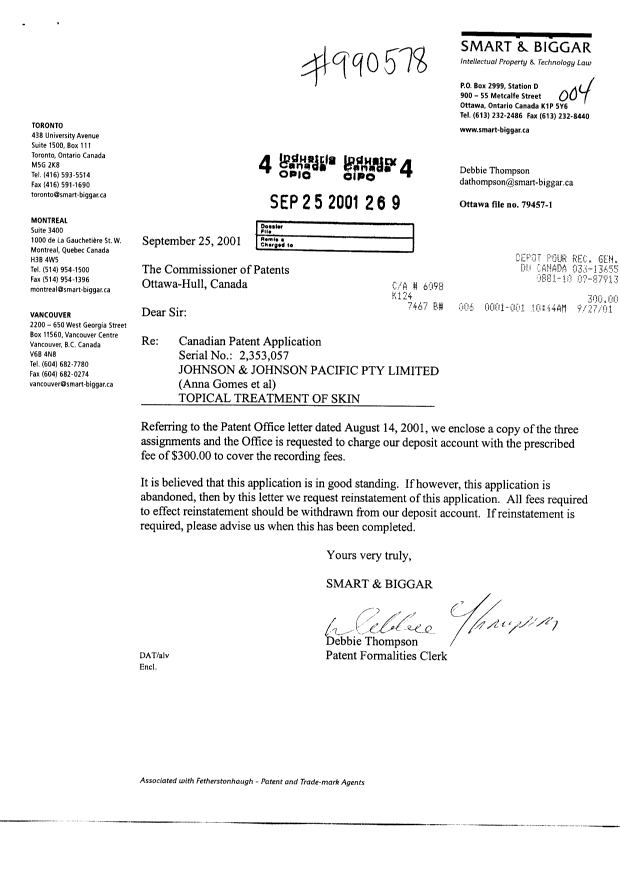 Document de brevet canadien 2353057. Cession 20010925. Image 1 de 4