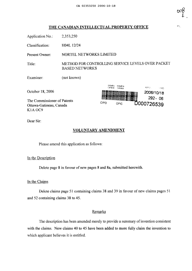 Canadian Patent Document 2353250. Prosecution-Amendment 20051218. Image 1 of 6
