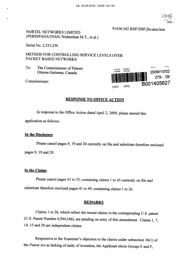 Canadian Patent Document 2353250. Prosecution-Amendment 20081202. Image 1 of 27