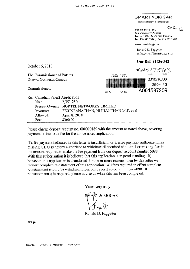 Canadian Patent Document 2353250. Correspondence 20091206. Image 1 of 1