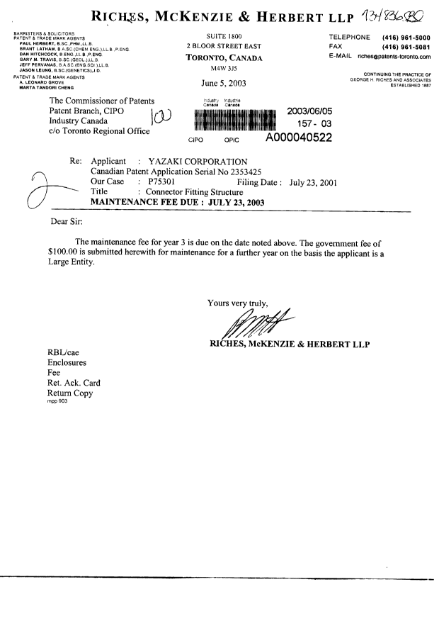 Document de brevet canadien 2353425. Taxes 20030605. Image 1 de 1