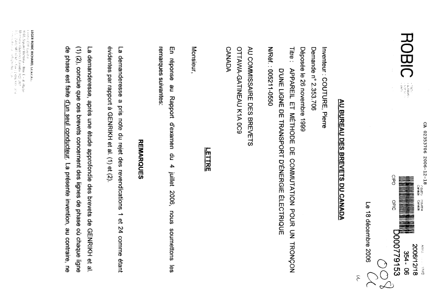 Document de brevet canadien 2353706. Poursuite-Amendment 20061218. Image 1 de 4