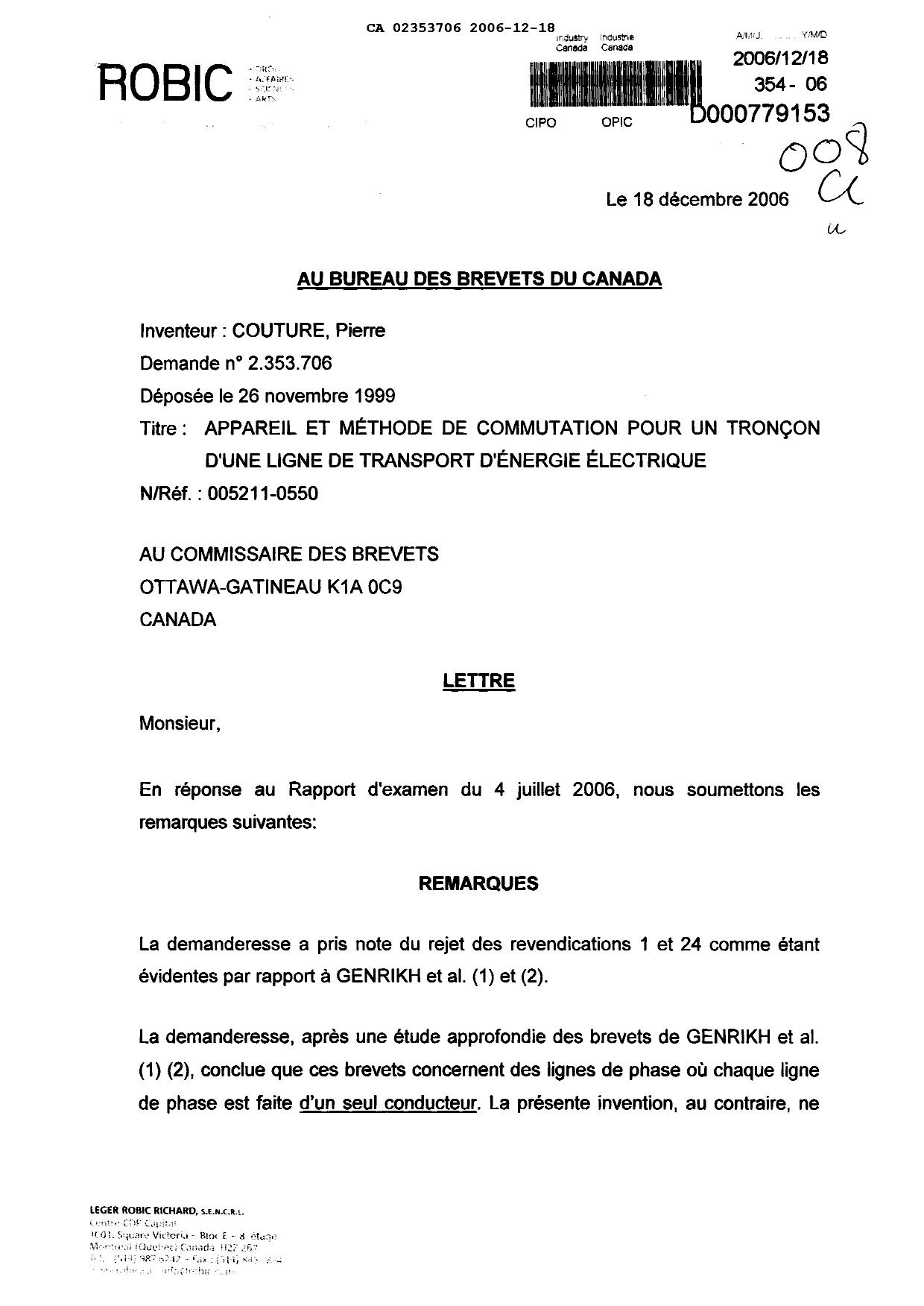 Document de brevet canadien 2353706. Poursuite-Amendment 20061218. Image 1 de 4