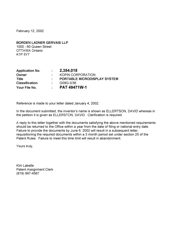 Canadian Patent Document 2354018. Correspondence 20020212. Image 1 of 1