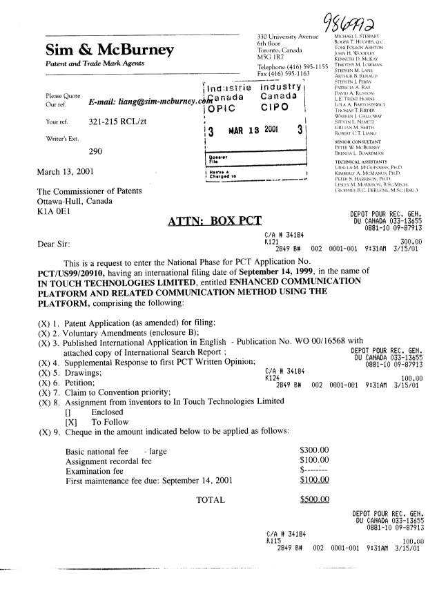 Document de brevet canadien 2354058. Cession 20010313. Image 1 de 4