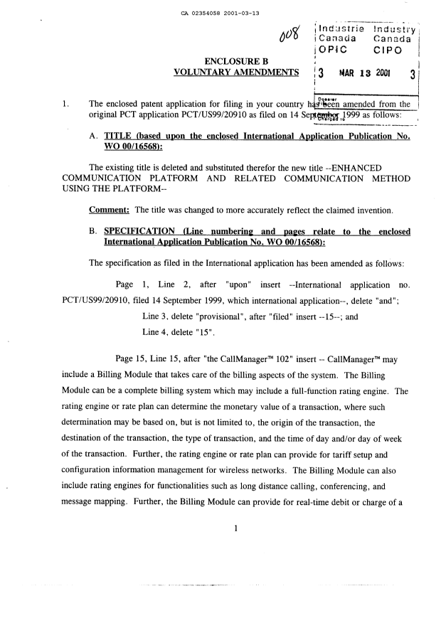 Canadian Patent Document 2354058. Prosecution-Amendment 20010313. Image 1 of 3