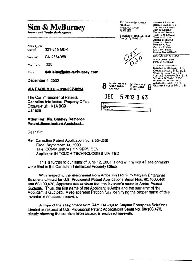 Document de brevet canadien 2354058. Cession 20021205. Image 1 de 8
