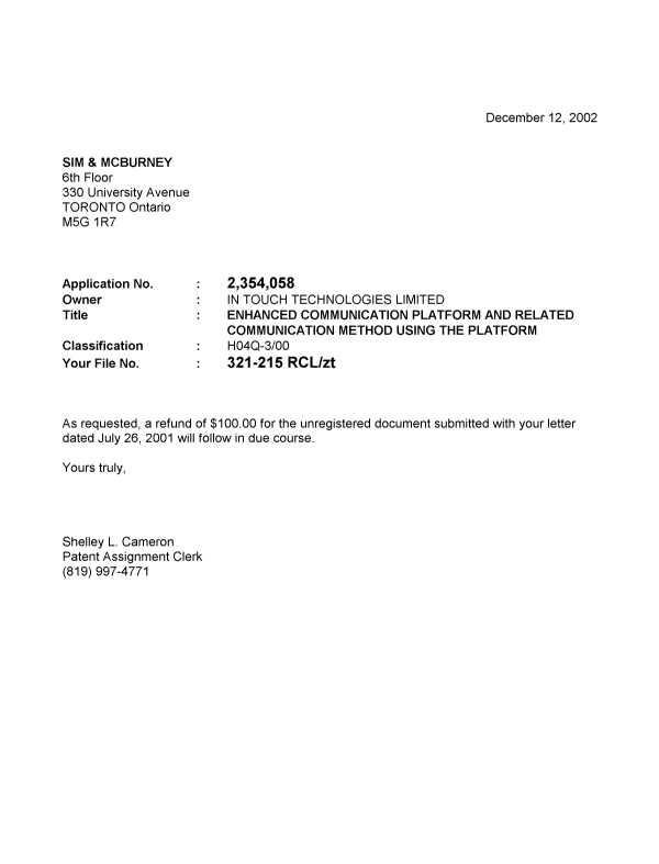 Document de brevet canadien 2354058. Correspondance 20021212. Image 1 de 1