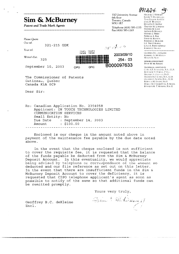 Document de brevet canadien 2354058. Taxes 20030910. Image 1 de 1