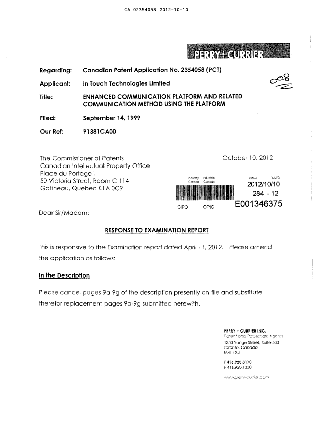 Canadian Patent Document 2354058. Prosecution-Amendment 20121010. Image 1 of 23