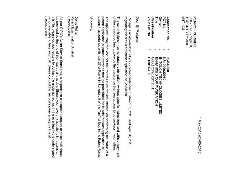 Document de brevet canadien 2354058. Correspondance 20150501. Image 1 de 1