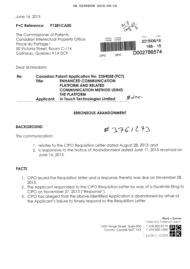 Canadian Patent Document 2354058. Prosecution-Amendment 20150616. Image 1 of 48