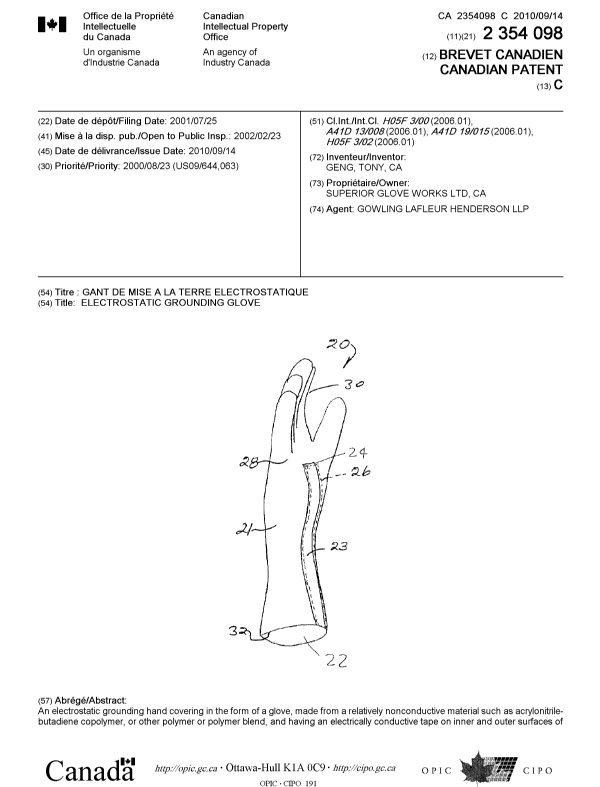 Canadian Patent Document 2354098. Cover Page 20100818. Image 1 of 2