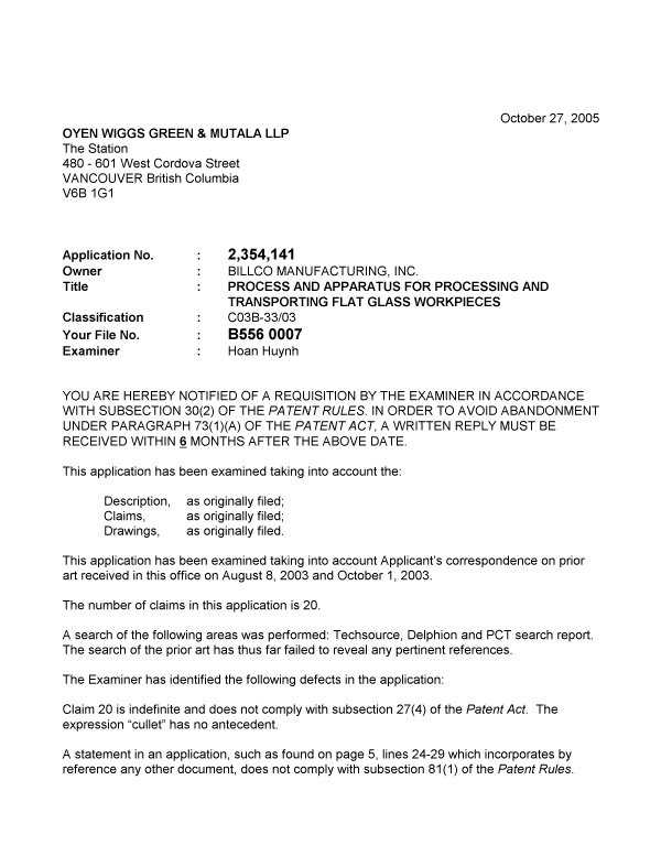 Canadian Patent Document 2354141. Prosecution-Amendment 20051027. Image 1 of 2