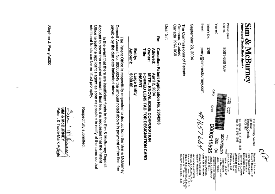 Canadian Patent Document 2354203. Correspondence 20040920. Image 1 of 1