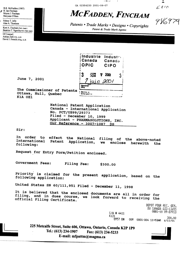 Document de brevet canadien 2354233. Cession 20010607. Image 1 de 3