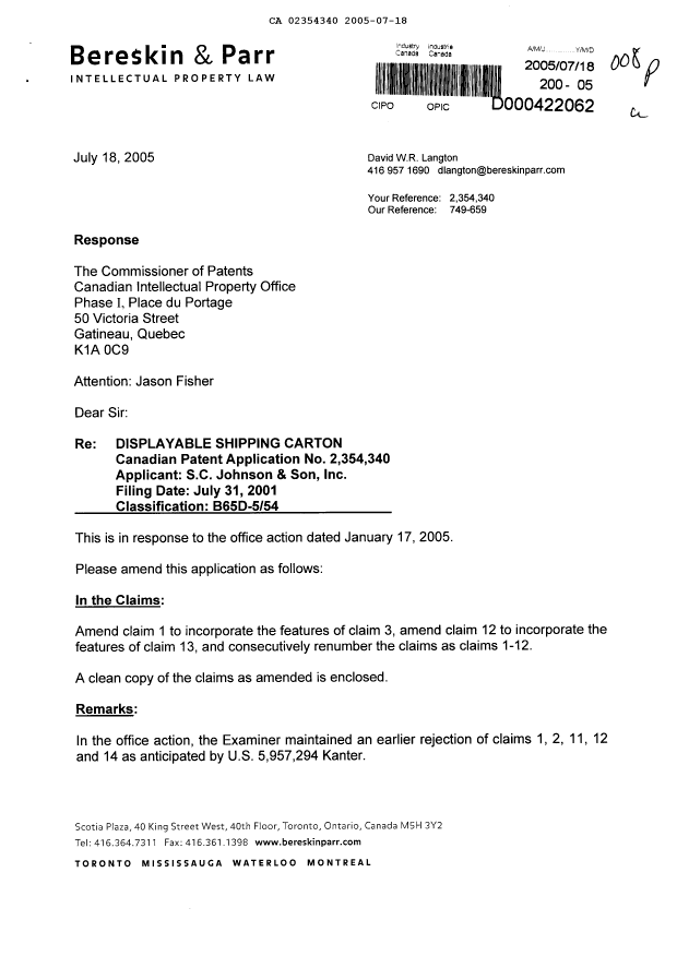 Canadian Patent Document 2354340. Prosecution-Amendment 20050718. Image 1 of 6