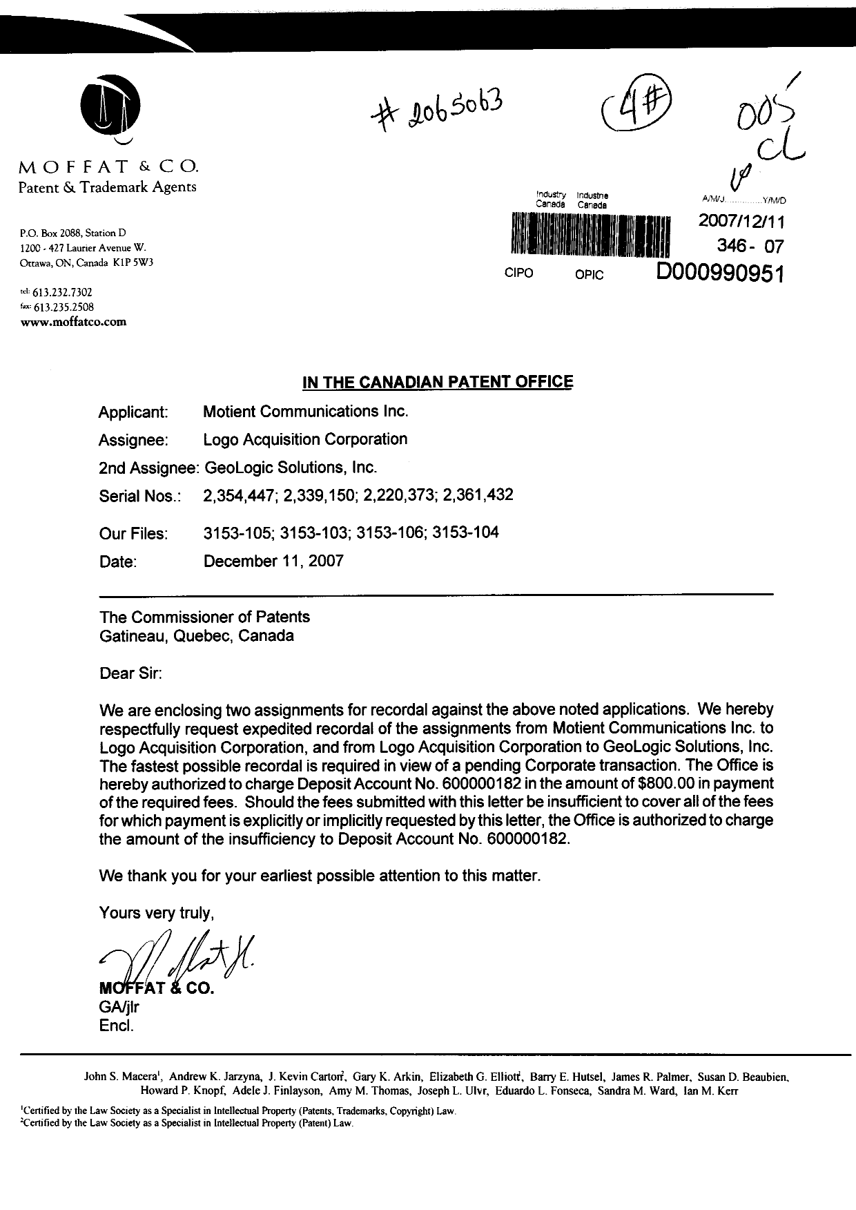 Document de brevet canadien 2354447. Cession 20071211. Image 1 de 10