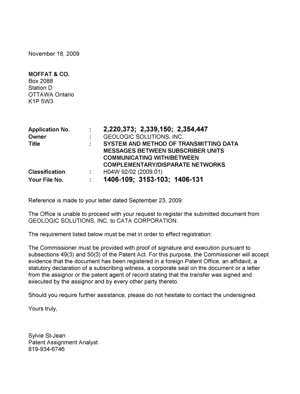 Document de brevet canadien 2354447. Correspondance 20091118. Image 1 de 1