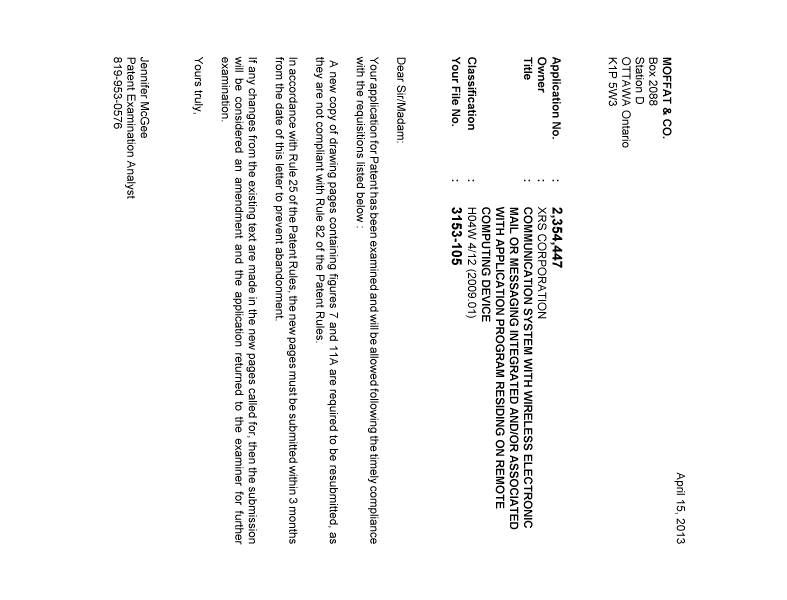Document de brevet canadien 2354447. Poursuite-Amendment 20130415. Image 1 de 1