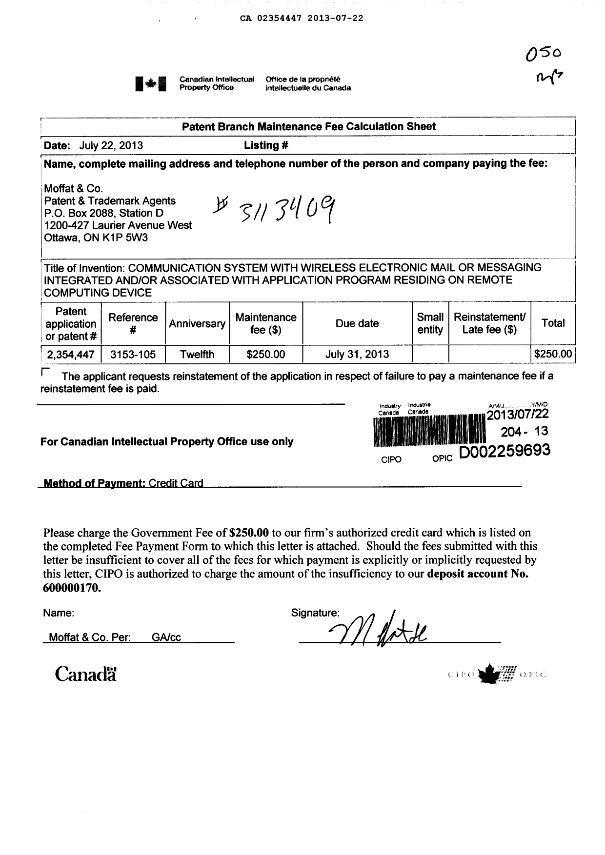 Document de brevet canadien 2354447. Taxes 20130722. Image 1 de 1