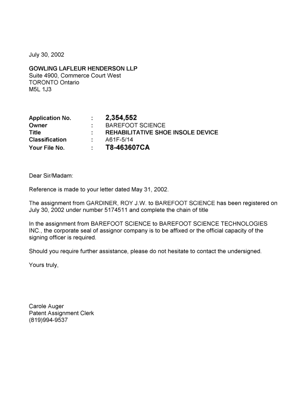 Canadian Patent Document 2354552. Correspondence 20011230. Image 1 of 1