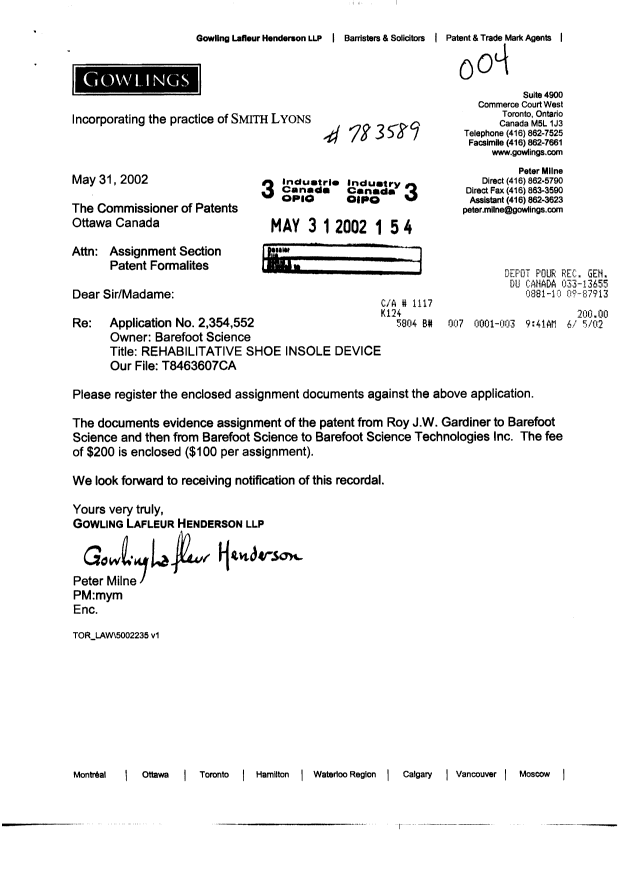 Document de brevet canadien 2354552. Cession 20011231. Image 1 de 5