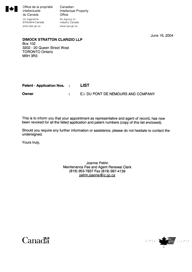 Document de brevet canadien 2354792. Correspondance 20040616. Image 1 de 1