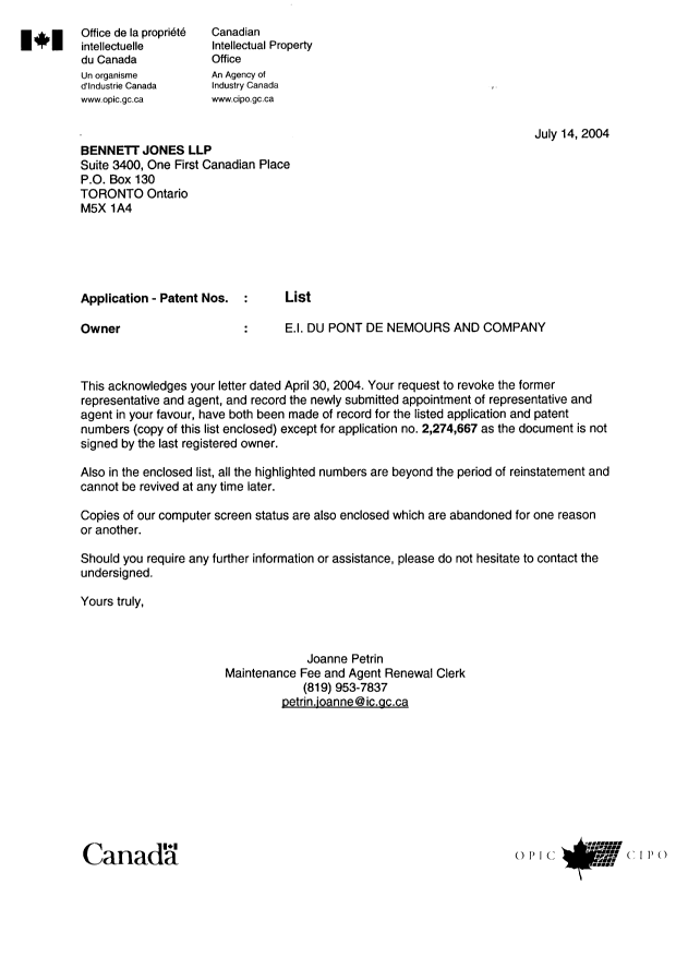 Document de brevet canadien 2354792. Correspondance 20040714. Image 1 de 1