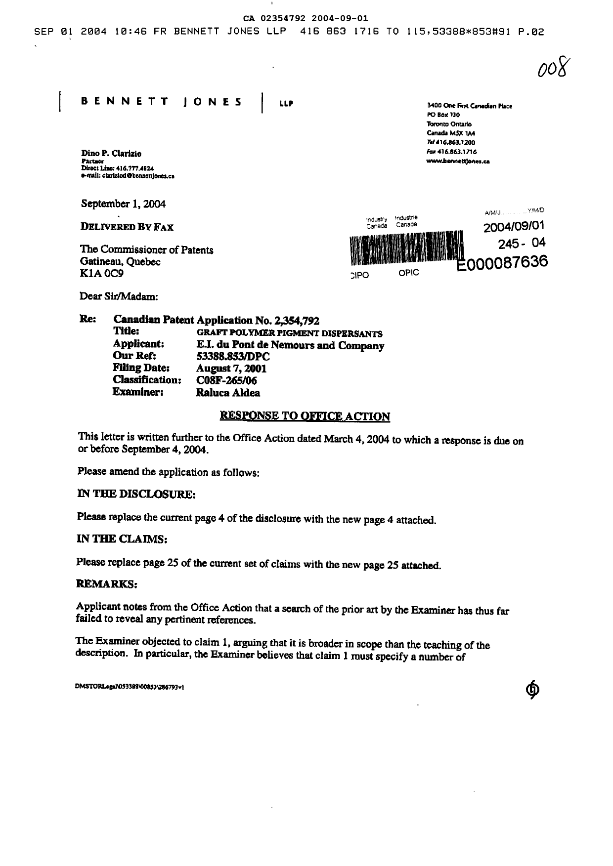 Canadian Patent Document 2354792. Prosecution-Amendment 20040901. Image 1 of 5