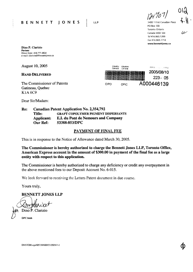 Canadian Patent Document 2354792. Correspondence 20050810. Image 1 of 1