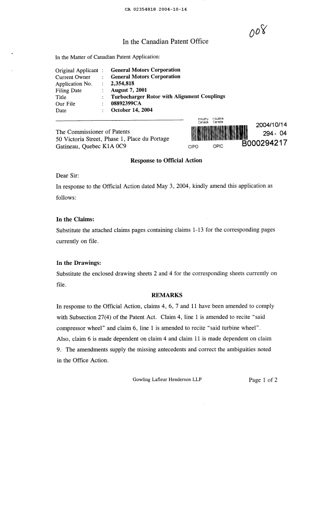 Document de brevet canadien 2354818. Poursuite-Amendment 20041014. Image 1 de 6