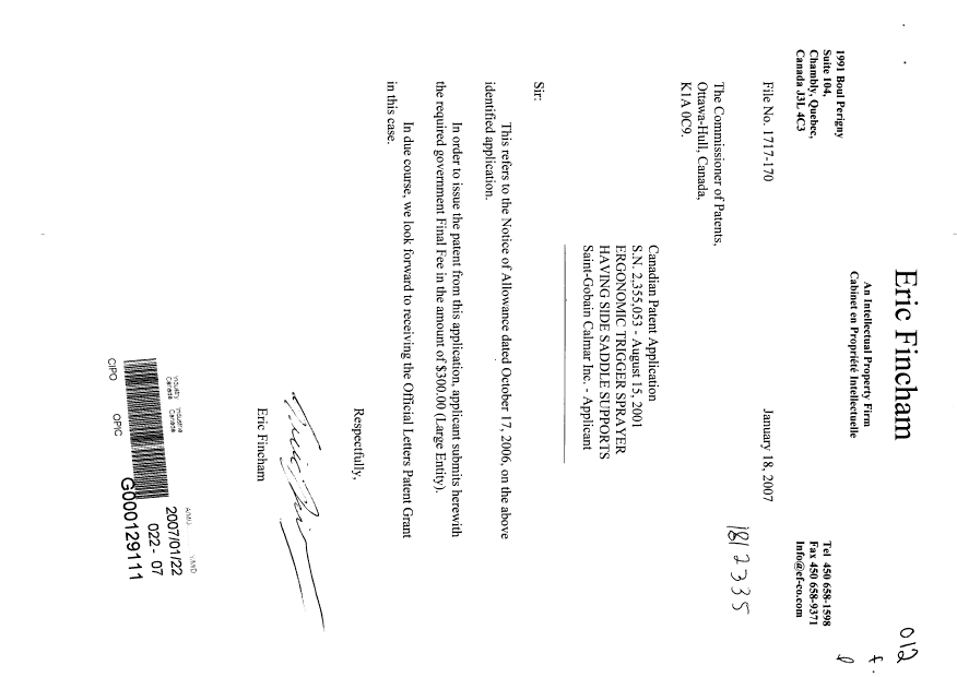 Canadian Patent Document 2355053. Correspondence 20070122. Image 1 of 1