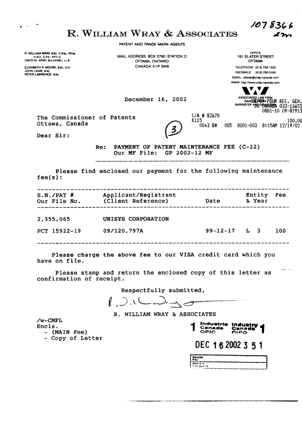 Document de brevet canadien 2355065. Taxes 20011216. Image 1 de 1
