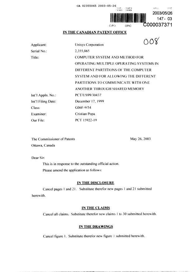 Canadian Patent Document 2355065. Prosecution-Amendment 20021226. Image 1 of 13