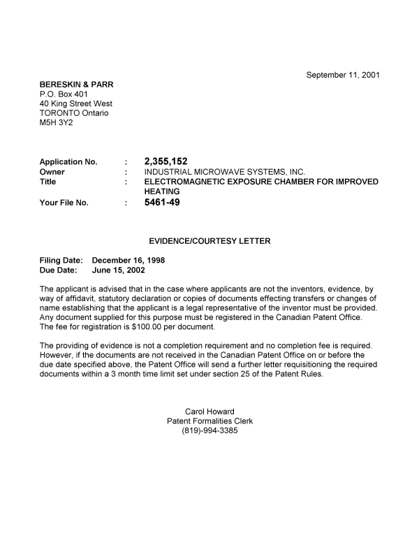 Canadian Patent Document 2355152. Correspondence 20010907. Image 1 of 1