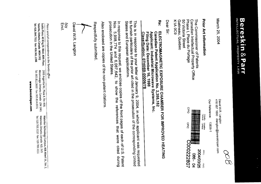 Canadian Patent Document 2355152. Prosecution-Amendment 20040325. Image 1 of 1