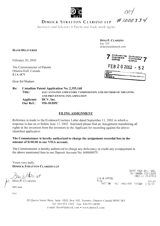 Document de brevet canadien 2355168. Cession 20020220. Image 1 de 8