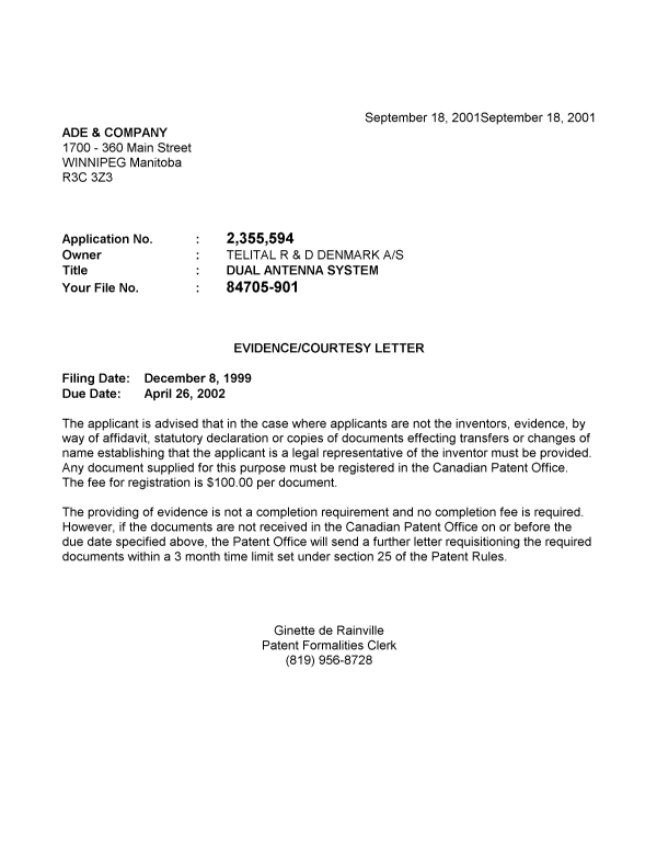 Canadian Patent Document 2355594. Correspondence 20010910. Image 1 of 1