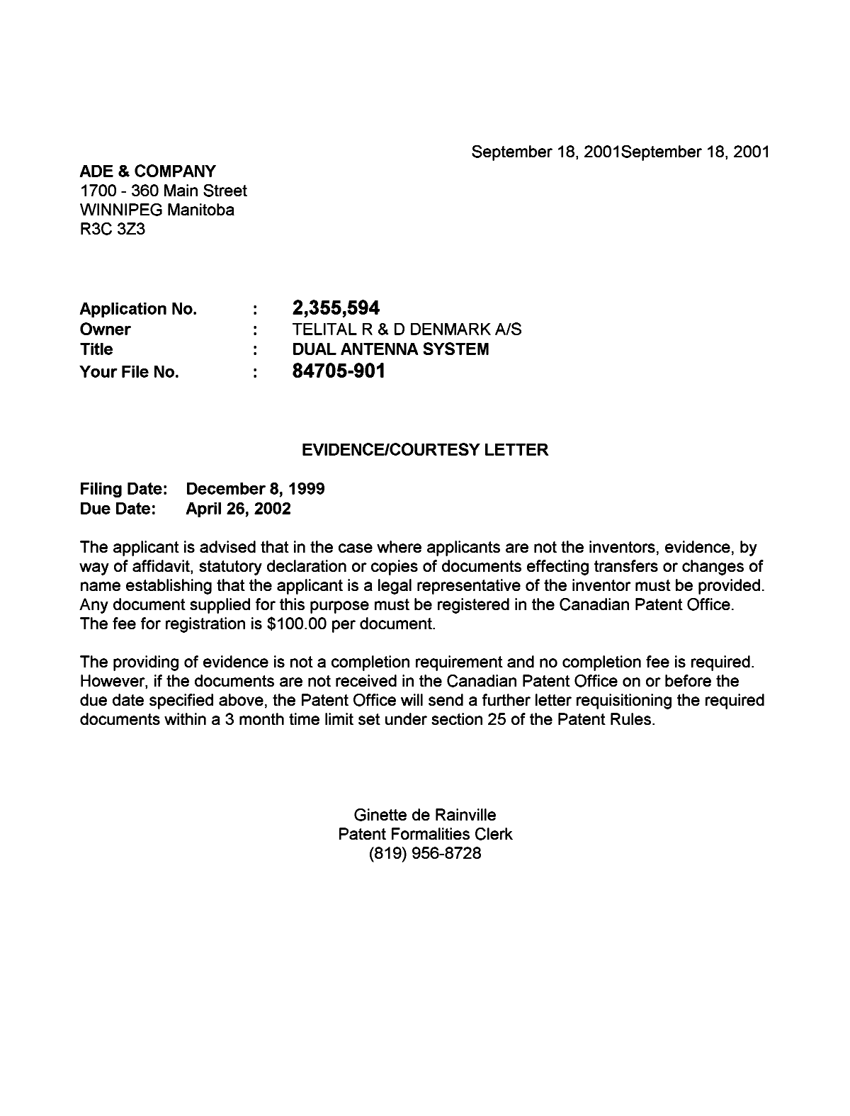 Canadian Patent Document 2355594. Correspondence 20010910. Image 1 of 1
