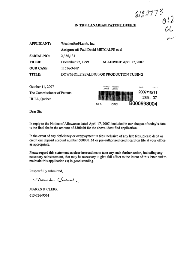Document de brevet canadien 2356131. Correspondance 20071011. Image 1 de 1