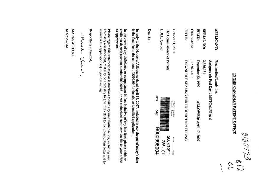 Canadian Patent Document 2356131. Correspondence 20071011. Image 1 of 1